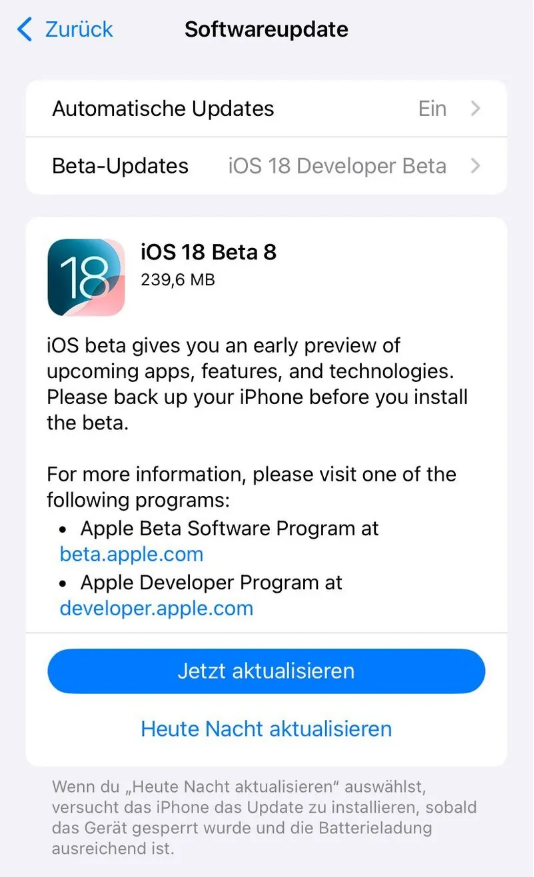 洛川苹果手机维修分享苹果 iOS / iPadOS 18 开发者预览版 Beta 8 发布 